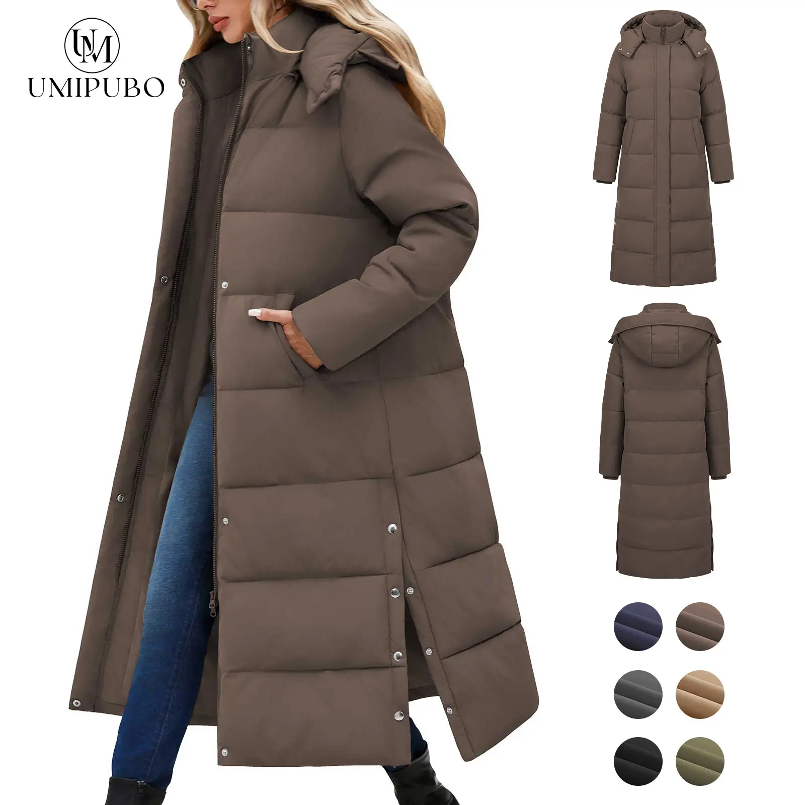 UMIPUBO Lady's Long Sleeve Calf-Length Maxi Puffer Down Coat, Winter Warm Padded Outerwear with Removable Faux Fur Hood, Full-Zip Parka Tops, Detachable Fur, Removable Hood
