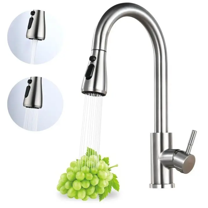 Modern Brushed Gold Stainless Steel Kitchen Sink Faucet - Pull-Down Sprayer with 3 Modes, Arc-Shape 360° Rotation Swivel Single Handle Mixer for Easy Adjustment, Efficient Water Flow