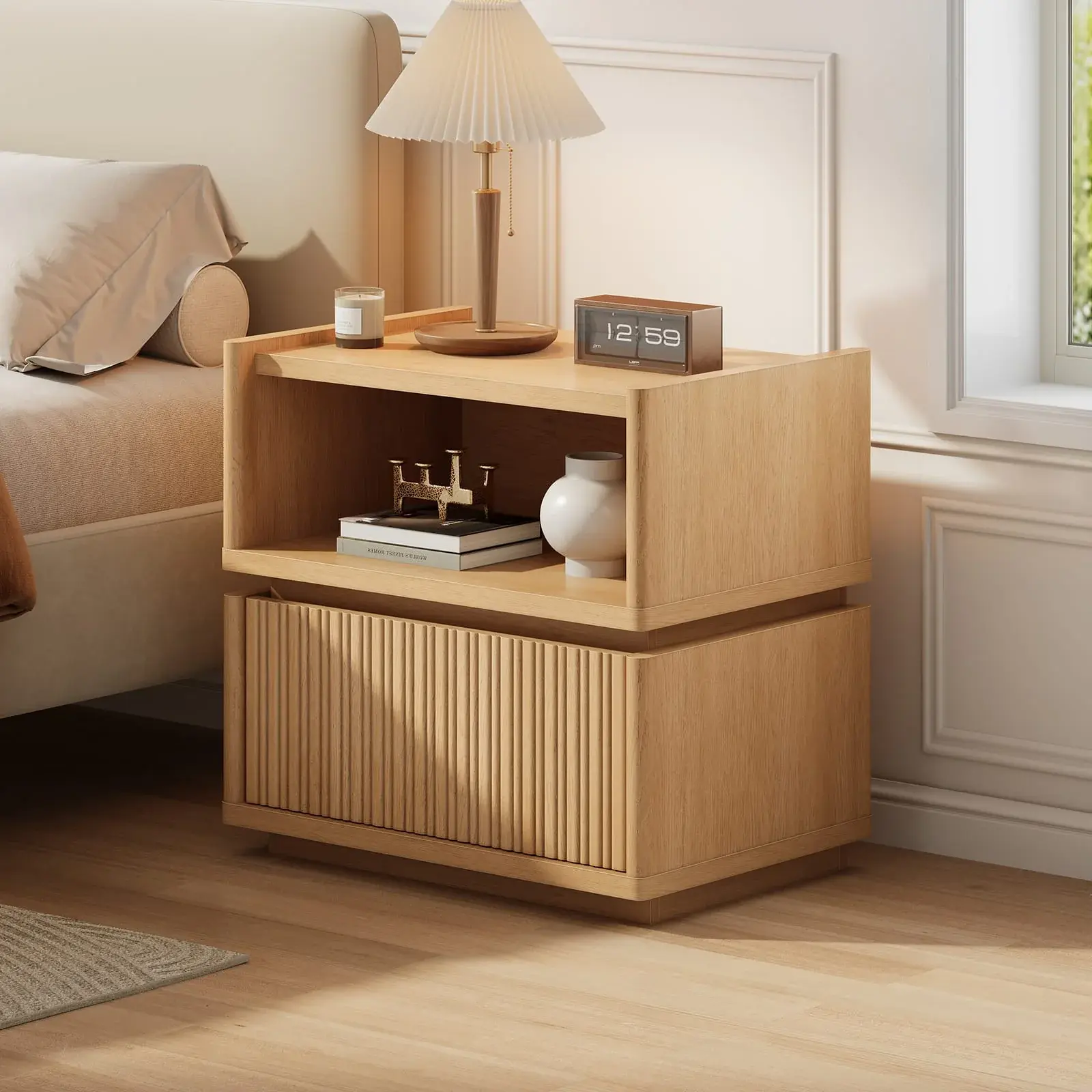 SIKAIC Expandable Nightstand with Storage Drawer, Natural Oak Bedside Storage Cabinet with Open Shelf