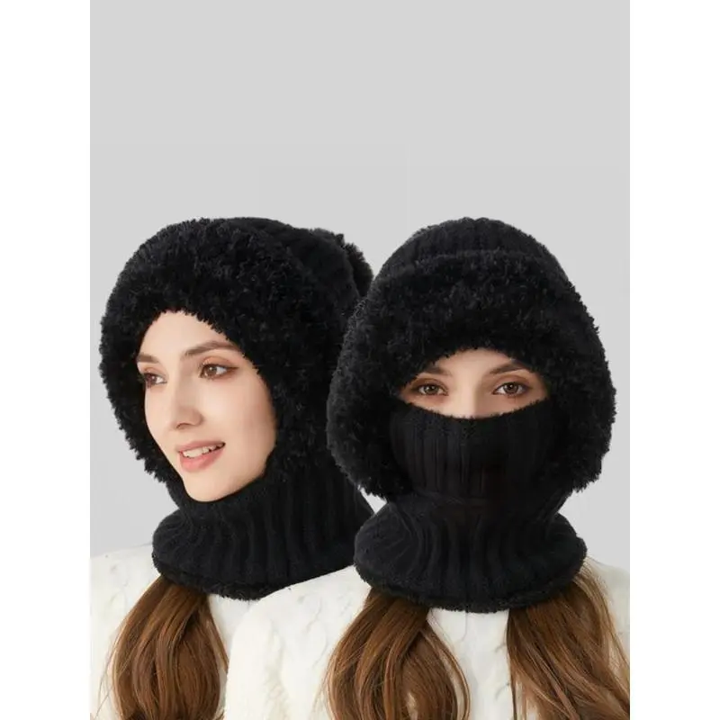 3-in-1 winter beanie scarf mask: fleece-lined knit hat with ear flaps, windproof neck warmer and face cover, warm hooded design for outdoor cycling, hiking, camping—for women