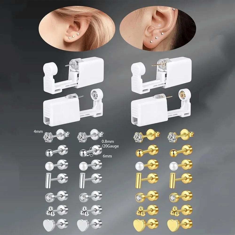 4 Pcs/Set Funky Stainless Steel Cubic Zirconia Heart Faux Pearl Flat Back Earrings With Ear Piercing Gun Self Ear Piercing Kits