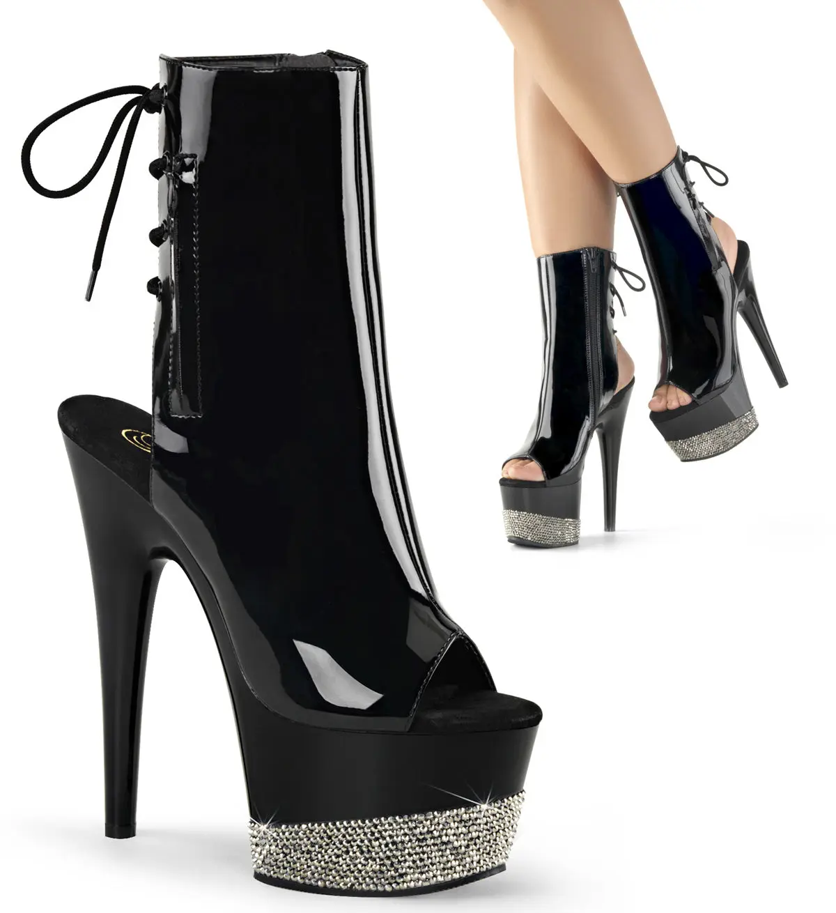 Pleaser Adore-1018-3 Women's Peep Toe Ankle Boots, 7" Stiletto Heel, Rhinestone Embellished 2 3/4" Platform, Lace-Up Back, Shoe, Footwear, Party Shoes, Classy Heeled Shoe