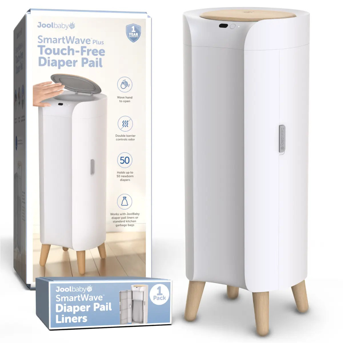 Jool Baby SmartWave Plus Diaper Pail & Refill – Motion Sensing Lid with Odor Lock – Compatible with Regular Trash Bags – Holds up to 50 Newborn Diapers
