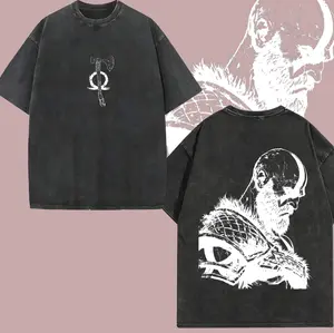 Kratos God of War T-Shirt, Vintage Washed Tee, Oversized Fit, Heavyweight Cotton, Dark Fantasy Graphic, Warrior Spartan Style, Unisex Streetwear Shirt