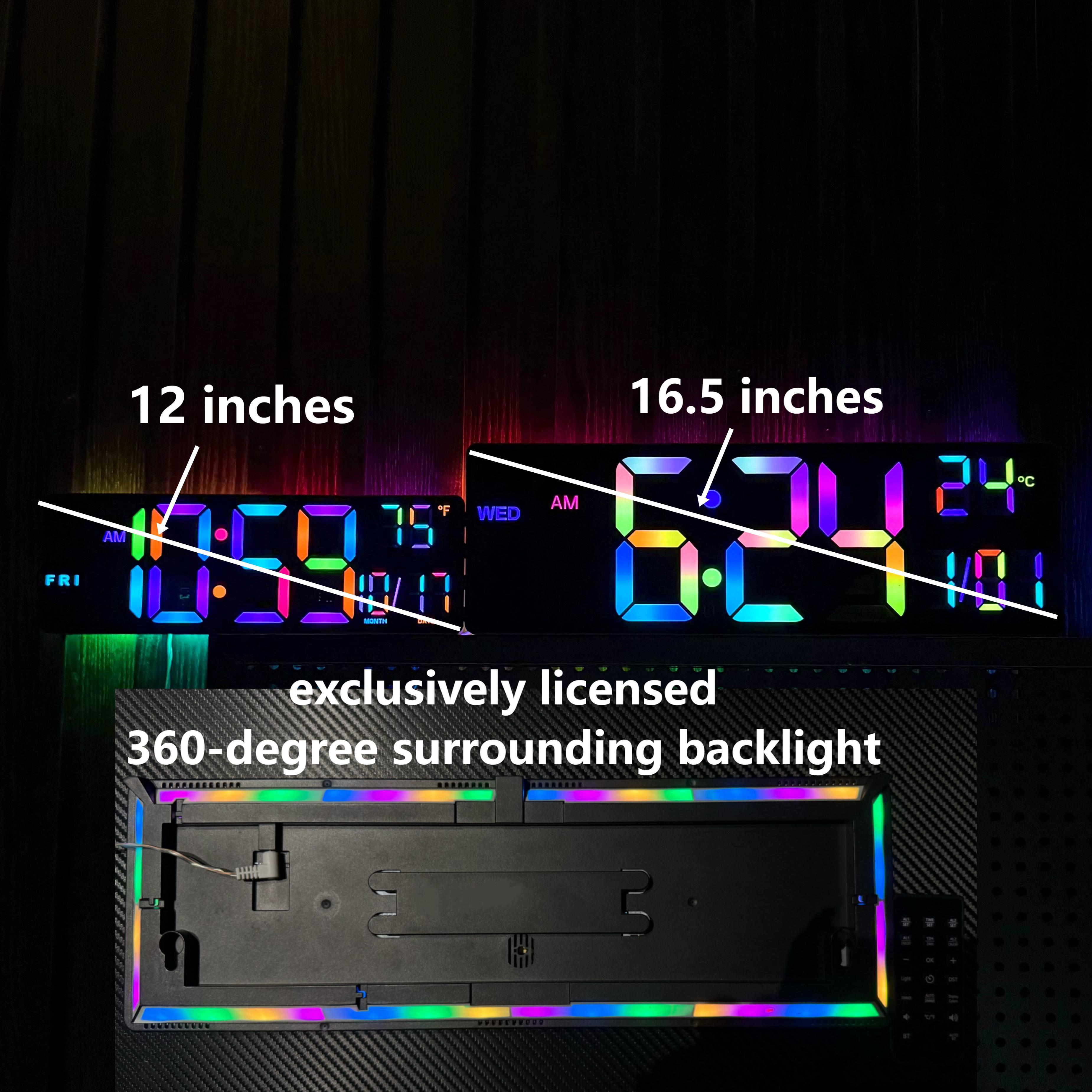 EASYERA Large Wood Grain Digital Wall Clock 16.5" & 12" with Remote Control RGB Atmosphere Lights 11 Scenes Dual Alarms LED Display for Livingroom Classroom Office Game