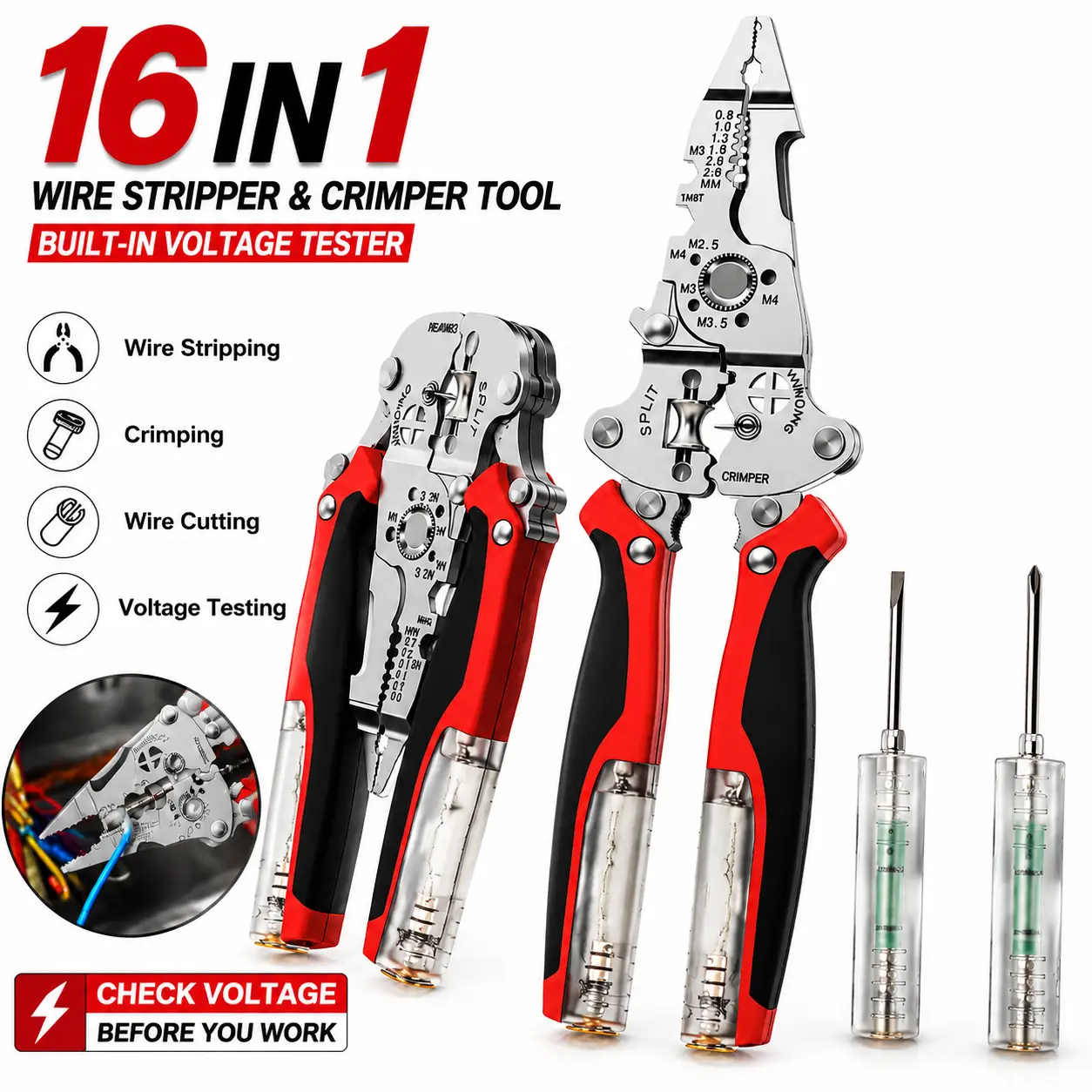 16-in-1 Steel Wire Stripper Tool - Hot New Arrival Heavy Duty Tool with Built-in Voltage Tester, Wire Crimper - Essential for Professional Electricians, Home DIY Wiring & Electrical Repair
