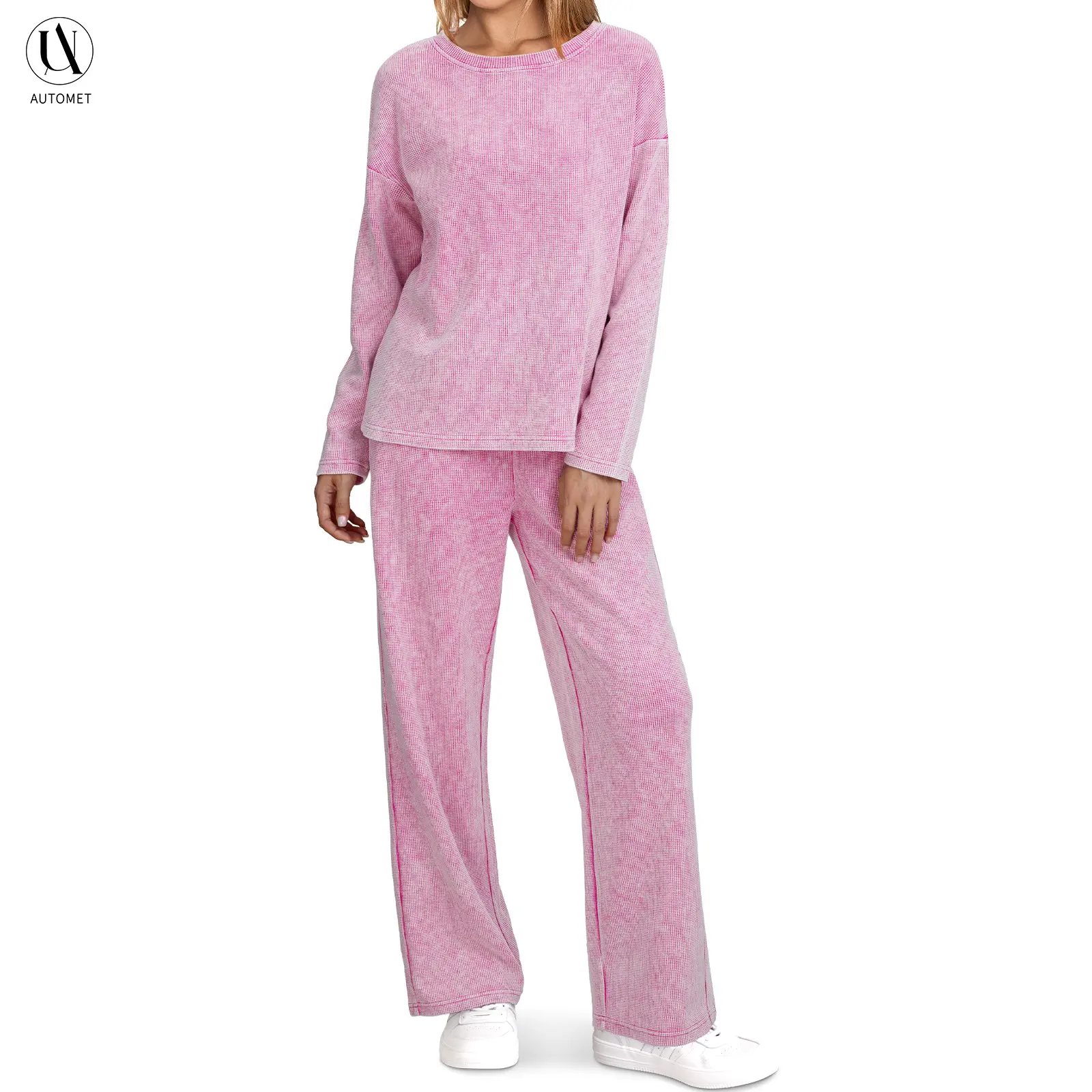 AUTOMET Women's 2-Piece Cotton Blend Vintage Waffle Pajama Set - Lady's Long Sleeve Crew Neck Fitted Top, Relaxed Pants, Casual Loungewear Nightwear, 2 Piece Sets, Pyjamas, Two Piece Set
