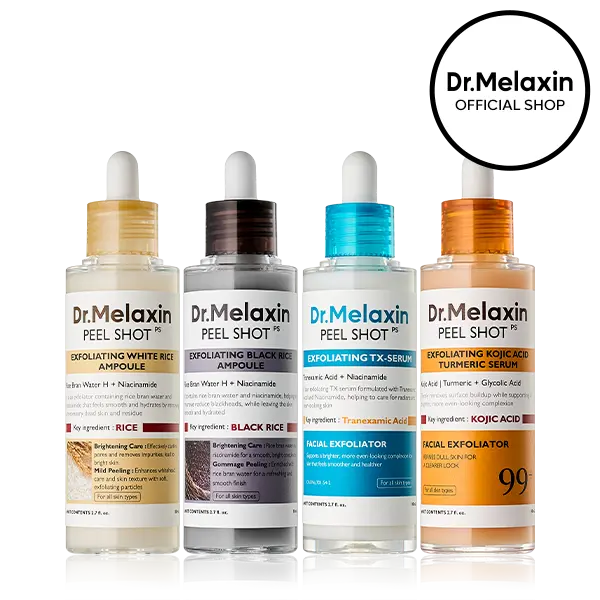 [Dr.Melaxin Official] Peel Shot Exfoliating Ampoule 4 Types Set with Glow Rice Exfoliator, Kojic Turmeric & TX Peel Shot for Exfoliating Care, Pore Clearing & Skin Radiance