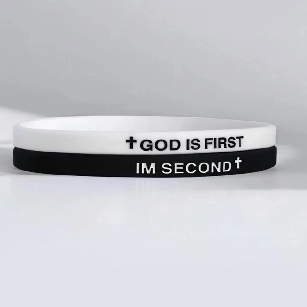 Unisex Geometric Christian Silicone Bracelet Jewelry - 2-Pack Fabric-Infused Inspirational Bible Verse Bands with "God is First I'm Second" Message, Christian Teen Gift Set