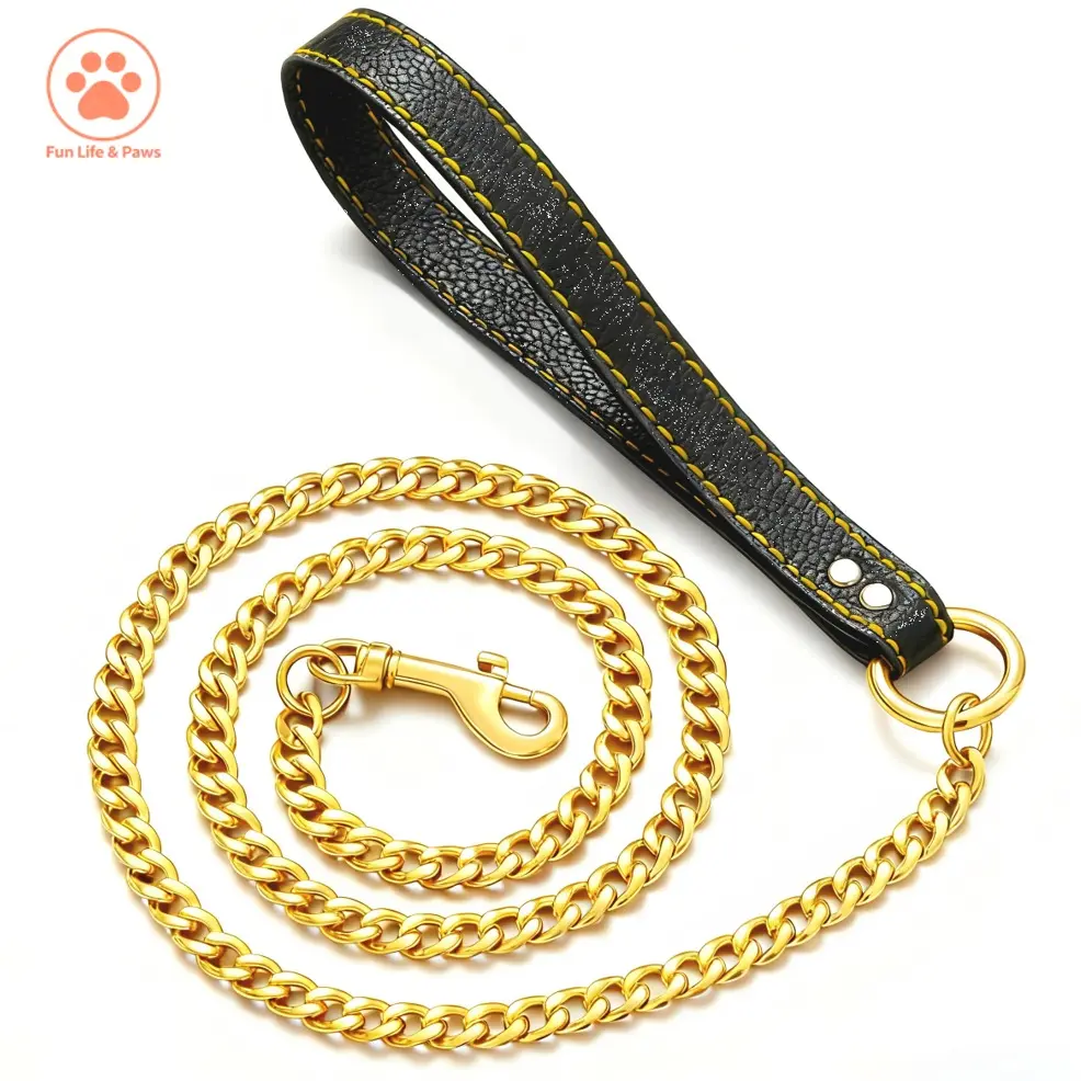 11MM Cuban Link Dog Leash, Heavy Duty Stainless Steel Dog Chain Leash with Leather Handle, 18K Gold Plated, 3.3FT for Medium & Large Dogs  Adjustable Safety Harness dog accessories dog