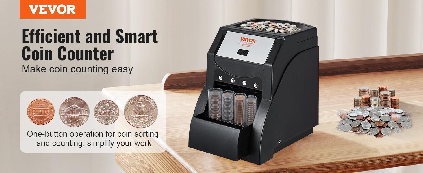 【Summervibes】VEVOR USD Coin Sorter,  Coin Sorter Machine for USD Coin 1￠ 5￠ 10￠ 25￠, Sorts up to 230 Coins/min, Coin Sorter and Wrapper Machine Holds 200 Coins Included 4 Coin Tubes, Black  VEVOR Super Brand Day