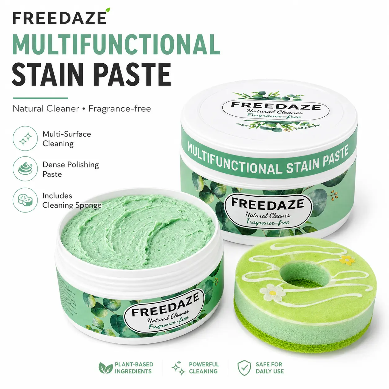 FREEDAZE Multi Purpose Cleaning Paste (300g) - Natural Fragrance-Free Home Cleaning Products, Anti-Stain Gunk Removal All-Purpose Cleaners, Grease Stain Remover, Home Supplies with Sponge for Stovetop, Oven