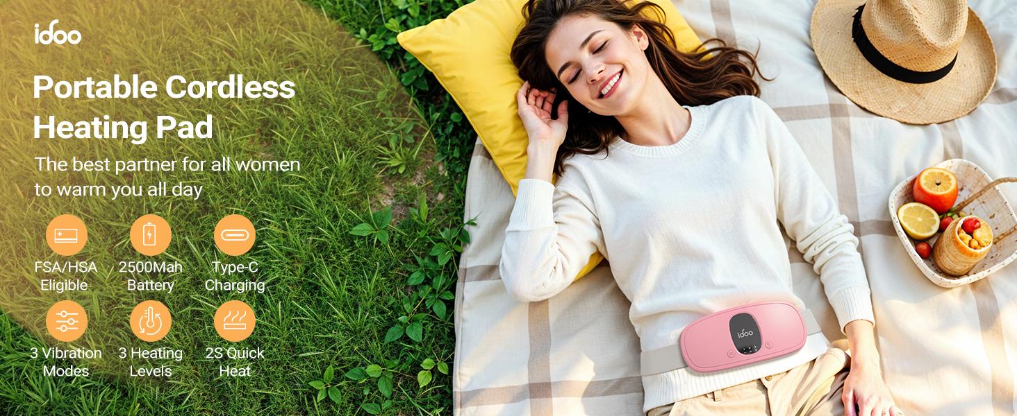 IDOO Portable Cordless Heating Pad, Spring Glow Up, Triple Vibrating Waist & Abdominal Massager for Cramps Relief, 5S Fast Heating, Perfect Gift for Women, Period Cramp Solution, Endometriosis Pain Relief
