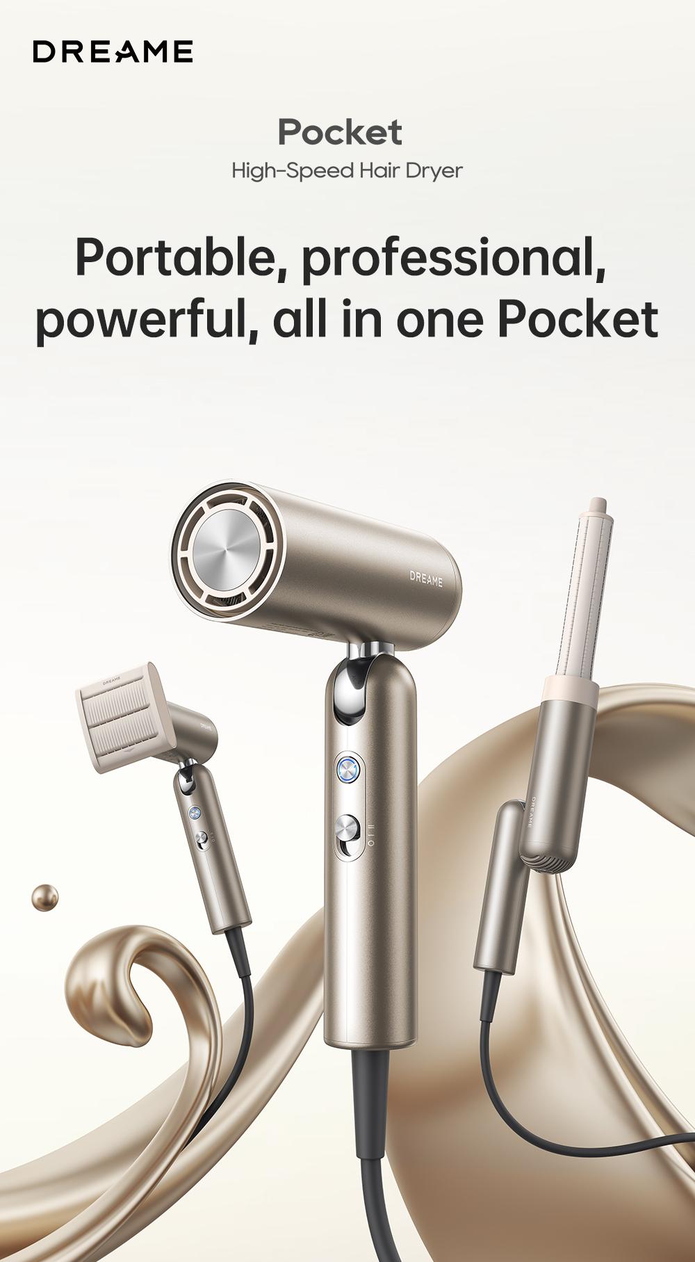 DREAME Pocket Styling High Speed Hair Dryer Folding Travel Quick Dry Home Curly Hair Negative Ion Hair Dryer Blowdryer Hairdryer Fast Drying