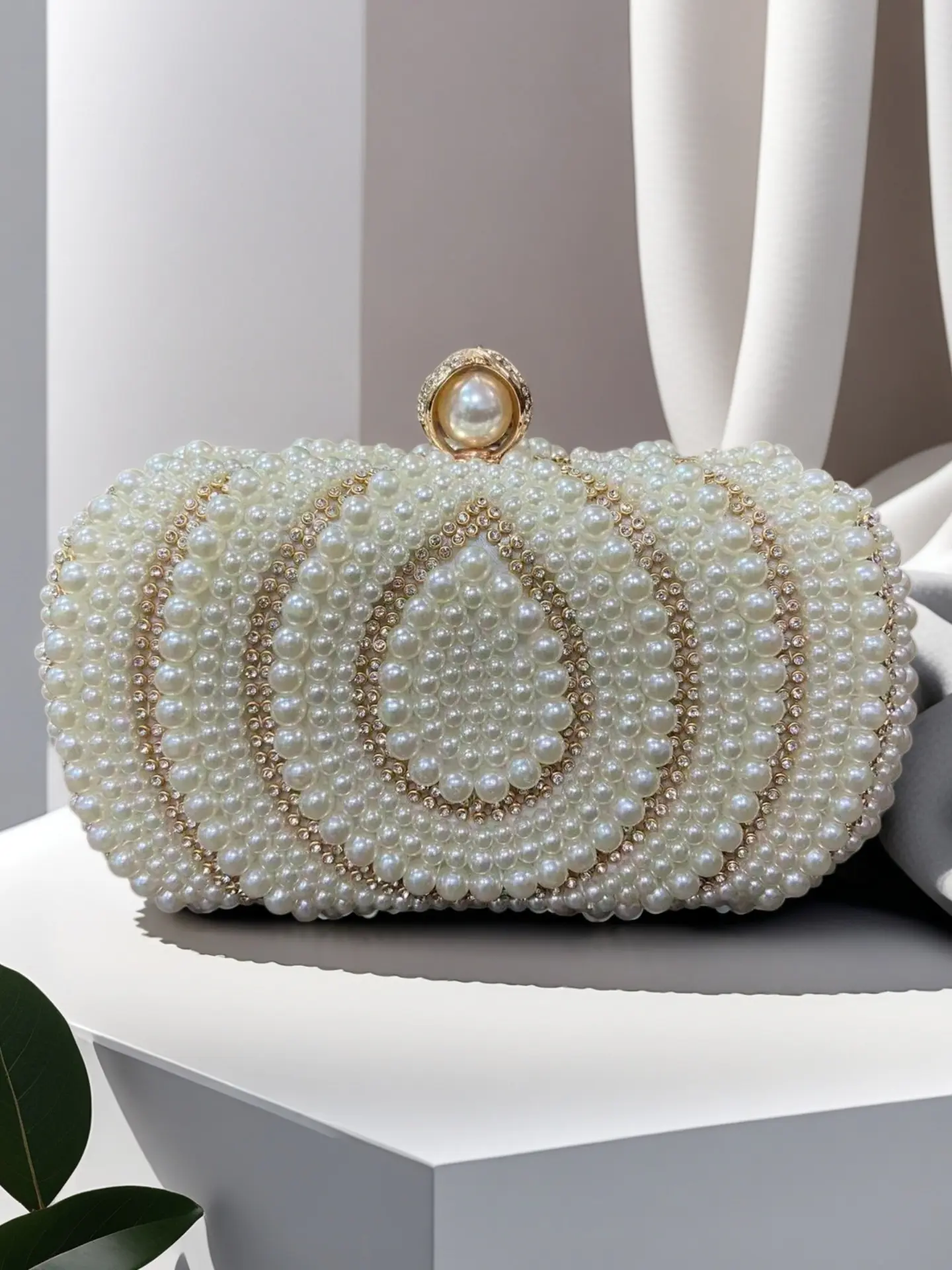 Pearl Embellished Oval Box Clutch, Rhinestone Trim, Elegant Evening Handbag, Party Wedding Purse