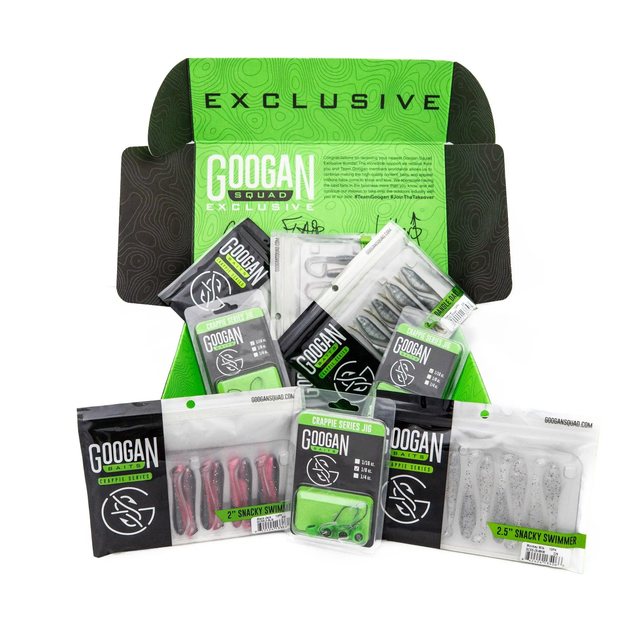 GOOGAN SQUAD Crappie Crusher Exclusive Bundle Pack - Fishing Set with Multiple Items, Exciting Fishing Gear, Snacky Swimmer Swimbait & Dangle Dart Jig Lures for Crappie Anglers