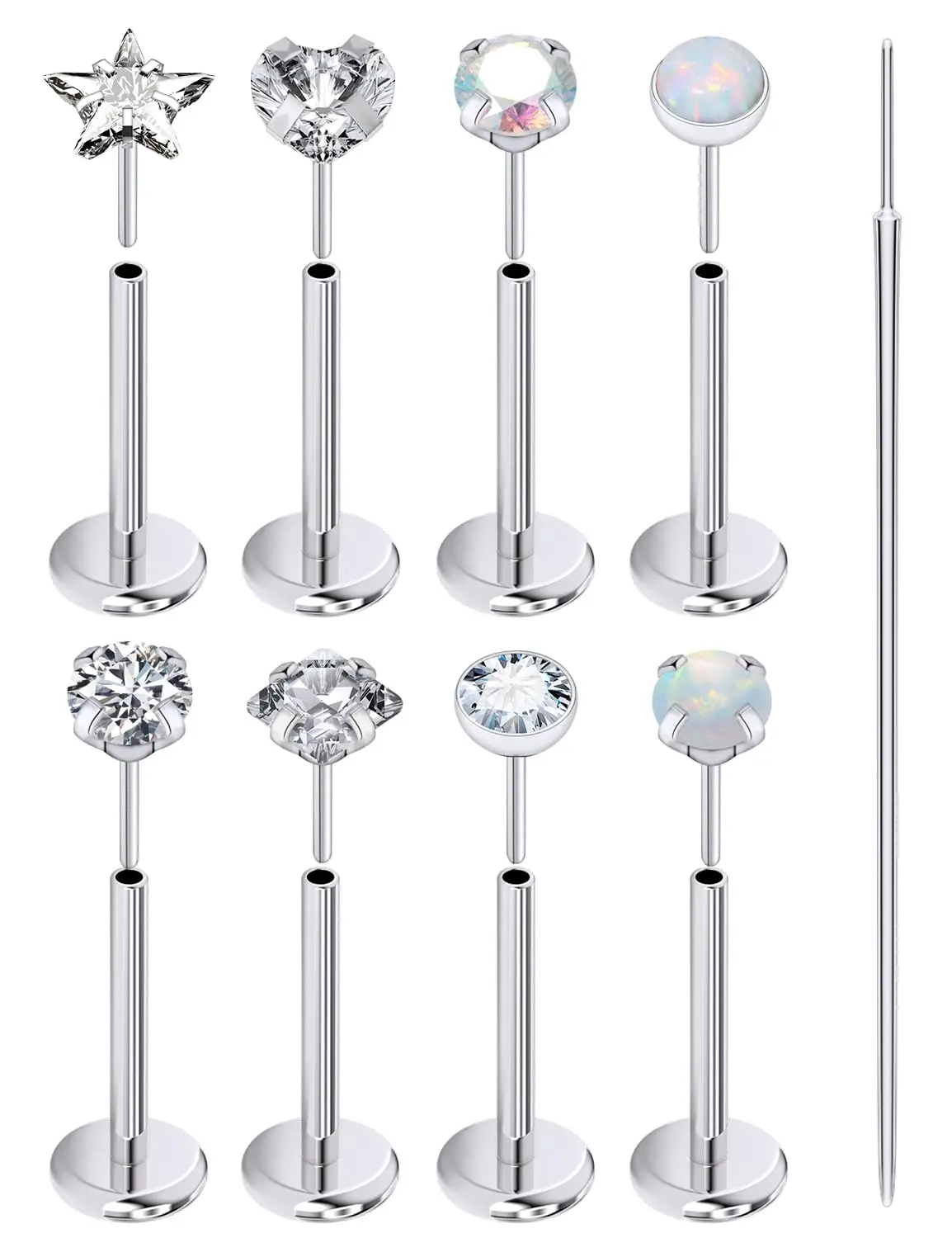 Threadless Stud Nose Ring 16g Flat-Back Surgical Steel Push-In Nose Ring Opal Heart CZ Hypoallergenic Nose Piercing Lip Medusa Tragus Studs Earrings Piercing Taper