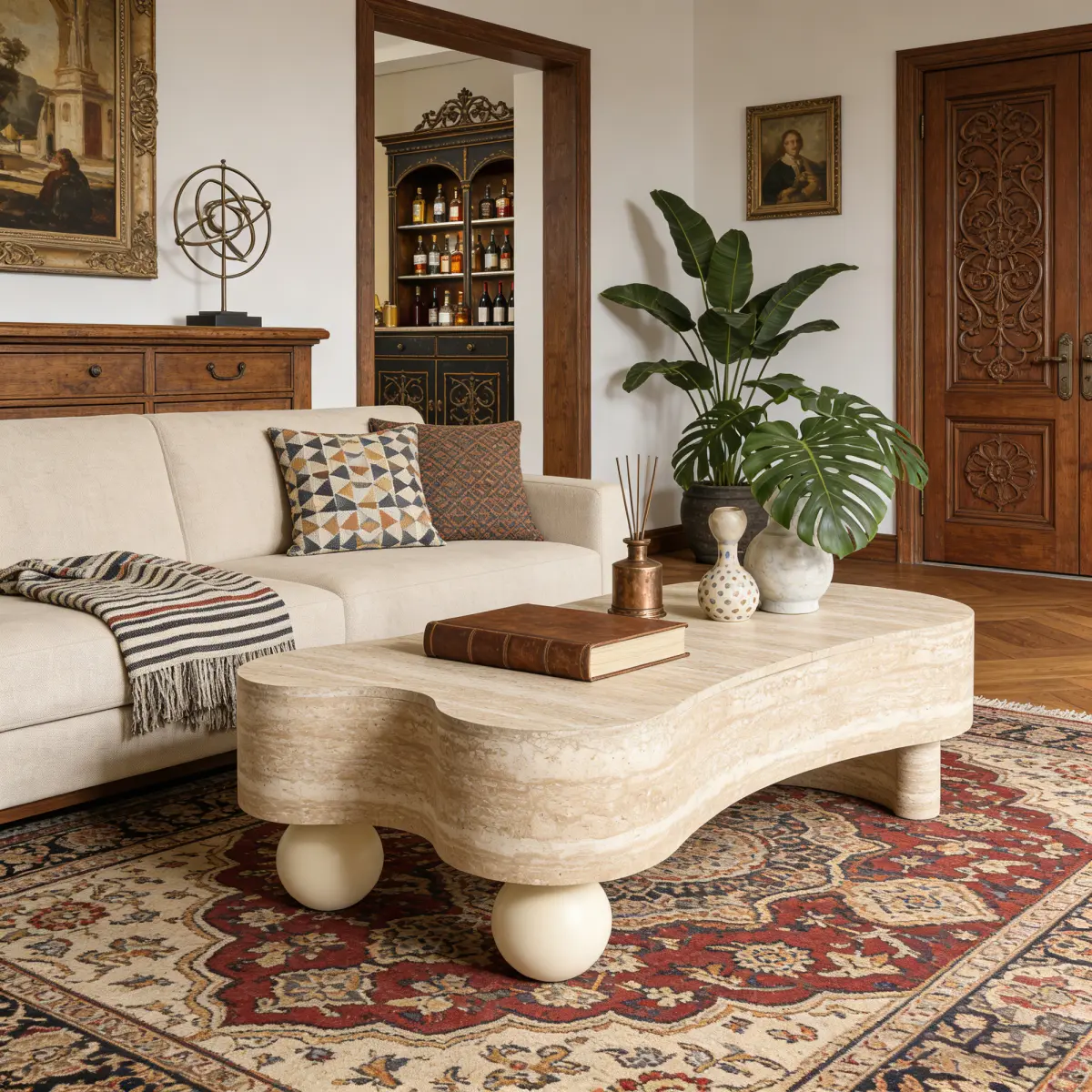 [Bellemave] 47" Irregular Coffee Table with Flip Top & Hidden Storage| Travertine Style, Modern Living Room Accent Table