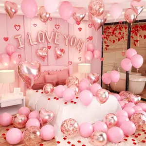 Romantic Metallic Heart-Shaped Natural Rubber Balloons Kit - Rose Gold Pink "I LOVE YOU" Rubber Balloons, Rose Petals for Mother's Day, Bedroom Decor (Home & Festive Party Supplies)
