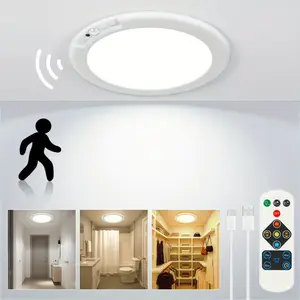 Rechargeable LED Ceiling Light with Motion Sensor, 3 Lighting Options, 10 Brightness Levels Battery Operated Closet Lights, Remote Control Dimmable Timing Motion Shower Lights for Living Bathroom Pantry Hallway Porch
