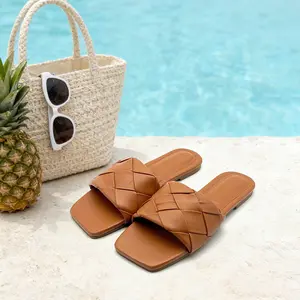 Men's and Women's Square Toe Woven Flat Slide Sandals - Breathable One-Strap Slip-On Mules for Summer Casual Beach Daily Wear