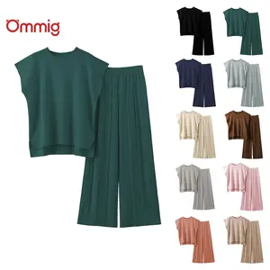 Ommig Lounge Sets for Women Two Piece Outfits Knit Cap Sleeve Tops Wide Leg Pleated Pants Casual Dressy Sweater Sets