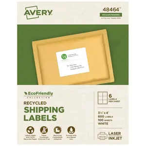 Avery EcoFriendly Recycled Shipping Labels, 3-1/3" x 4", White, Permanent Label Adhesive, 600 Printable Labels (48464)
