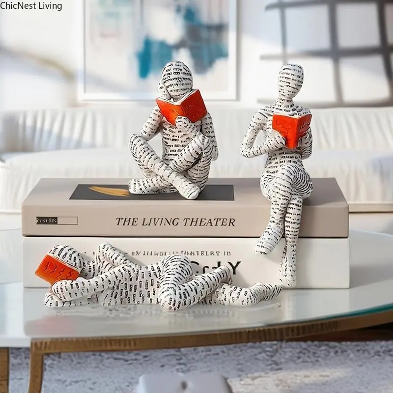 Reading Women Figurine Set of 3, Abstract Minimalist Resin Sculptures, Artistic Decor for Bedroom or Office Bookshelf, Perfect Gift for Readers, Book Lovers, Stable, Smooth, Decorative, Ornaments, Artistic Design, Desk Accent, Reader‑Gift Perfect