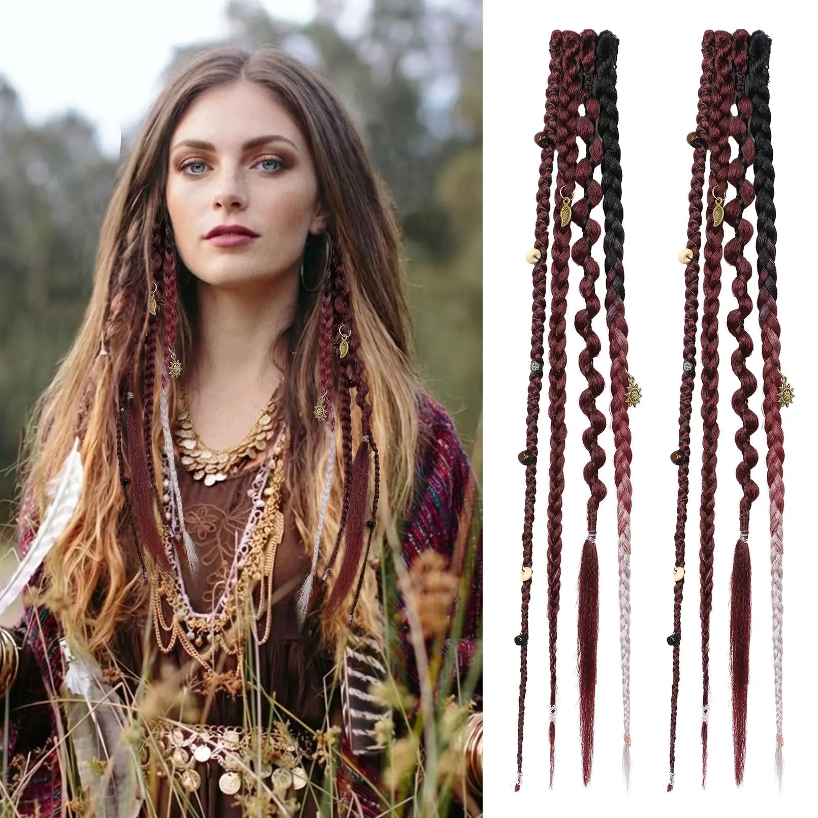 HMD Tangle-Free Synthetic Fiber Clip-in Braids Extensions, 2PCS 16/20 Inch Beaded Dreadlocks with Chains & Secure Clips, Boho Vibe Viking Styles for Cosplay, Daily Styling