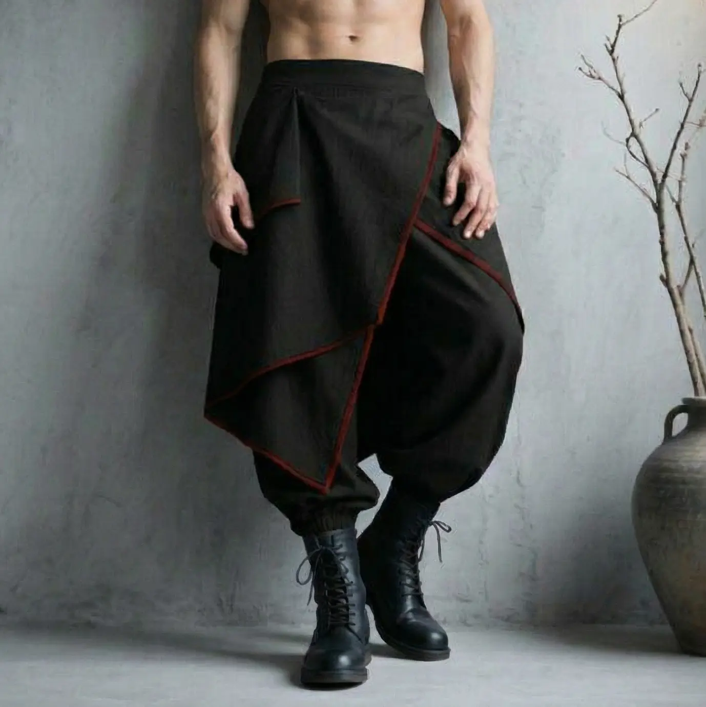 INCERUN Men's Japanese Samurai Baggy Harem Pants with Irregular Skirt Overlay, 97% Polyester Breathable Statement Street Pants, Alt Clothes for Party & Cosplay, Photoready Motion Men's Clothing with Jogger Cuff Flair