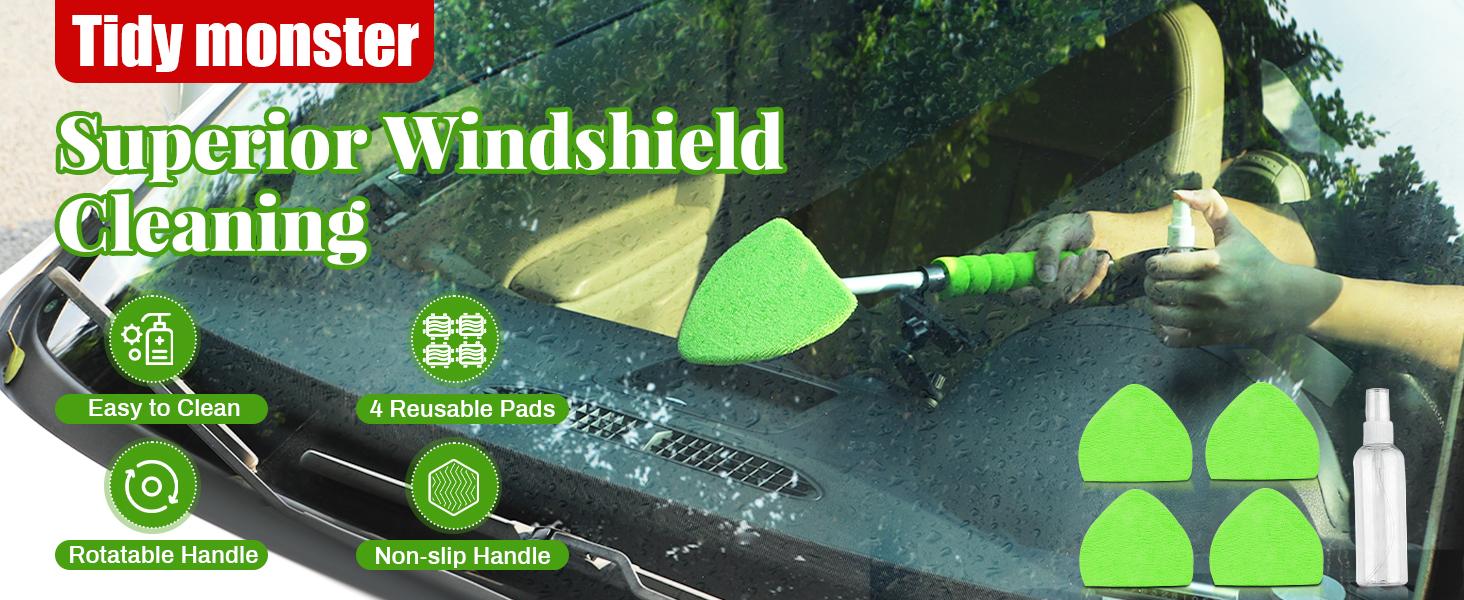Windshield Cleaner Tool with 4 Washable Microfiber Pads Extendable Handle Anti-Fog Car Window Cleaning for Glass Mirror