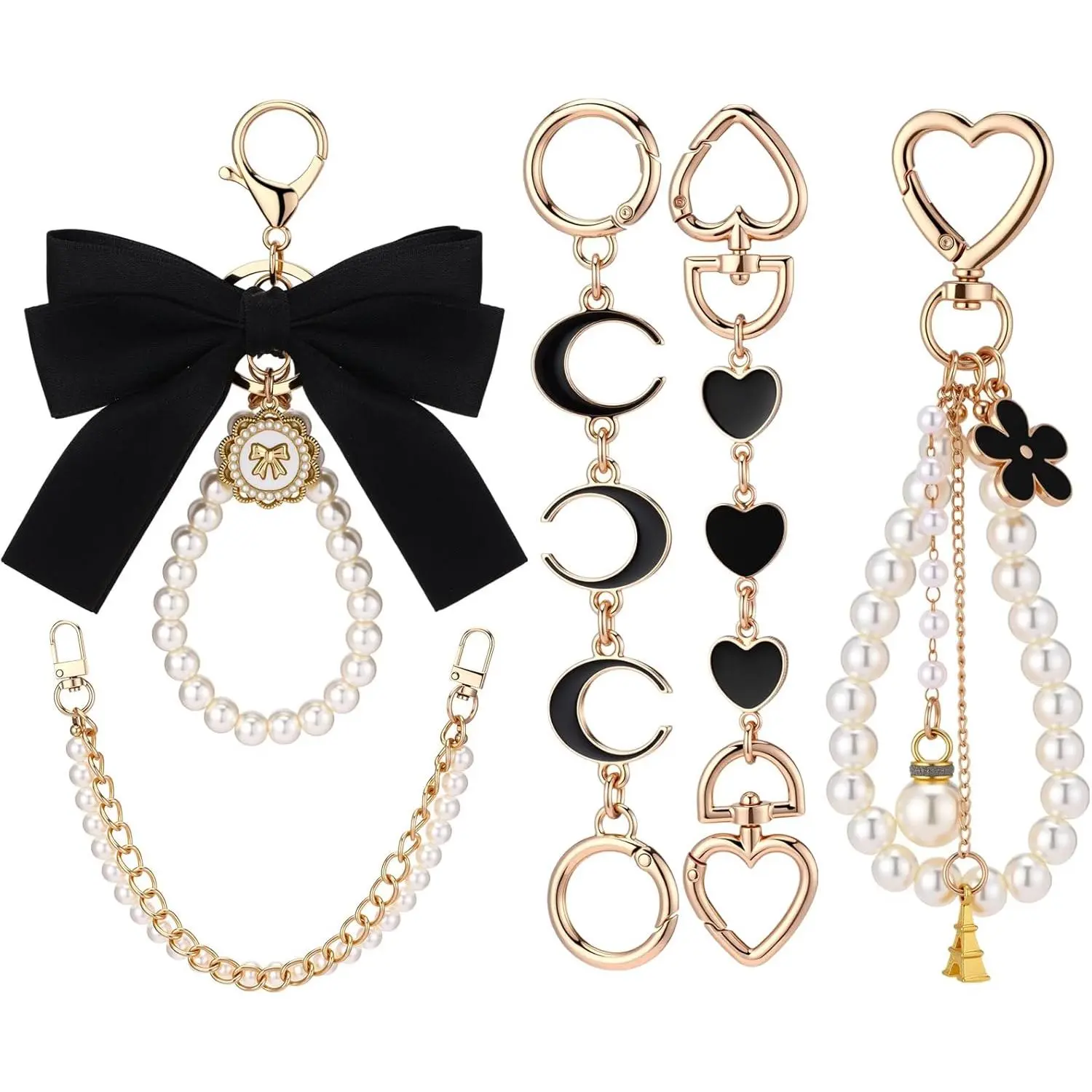 Caojie Bag Charms 5 Pcs Bag Extender Chain Pearl Purse Chain Ribbon Bow Keychain Extender Bag Strap Purse Charms Accessories for Handbag
