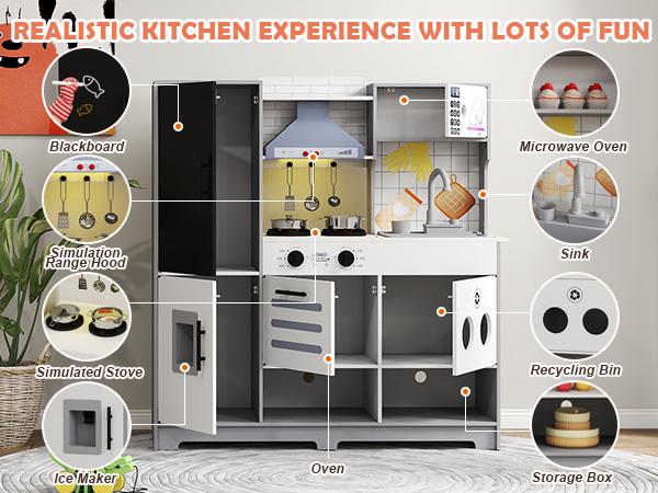 Kids Play Kitchen Set Pretend Wooden Toy with Running Water Oven Ice Maker Blackboard & Recycling Bin for Toddlers Ages 3+