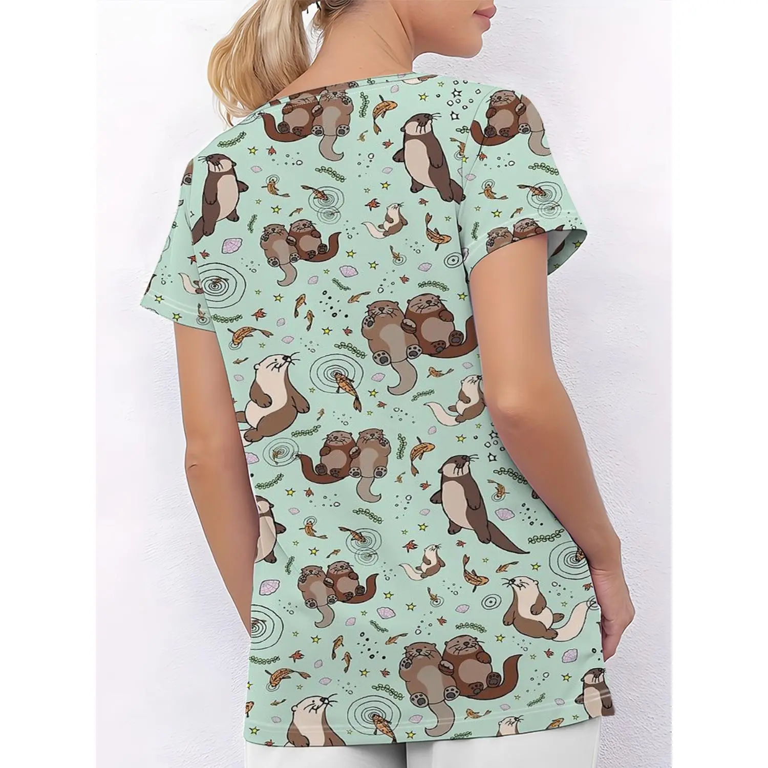 Caregiver Uniform with Cartoon Patterns - Short-Sleeve V-Neck Workwear, Breathable & Stylish with Pockets for All-Season Comfort