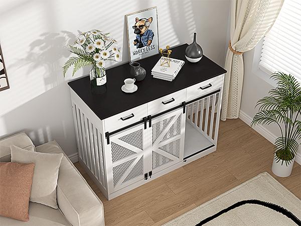 48 Inch Large Dog Crate Furniture with 3 Storage Drawers Wooden Pet Kennel Removable Divider Farmhouse Style Sliding Barn Door TV Stand