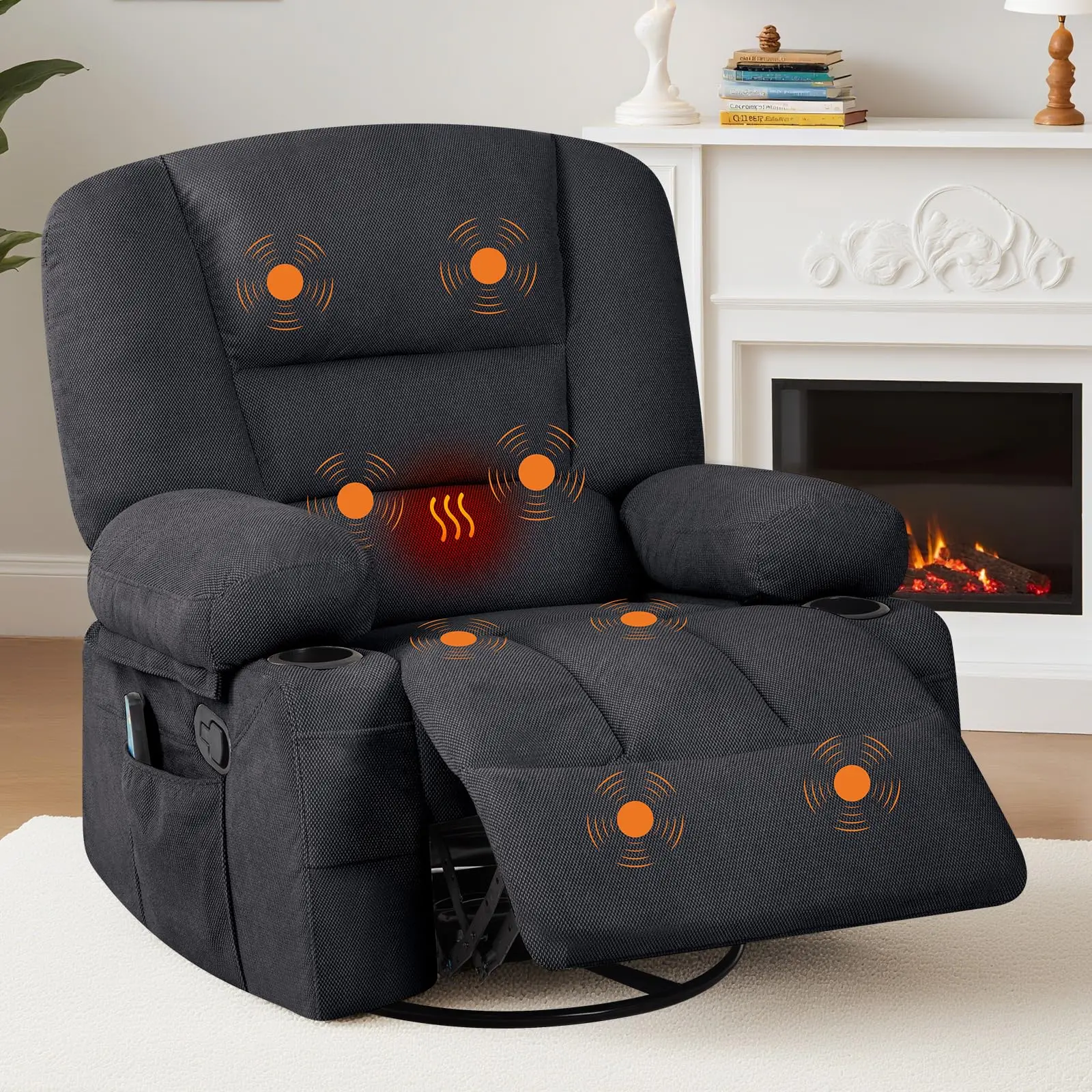 Garvee Oversized Wide Recliner Chair with Heat and Vibration Massage, 360° Swivel Rocker, Manual Recliner in Black Chenille Fabric, Featuring Cup Holders and Side Pocket for Living Room and Bedroom Use