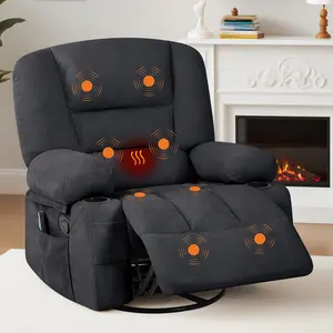 Garvee Oversized Wide Recliner Chair with Heat and Vibration Massage, 360° Swivel Rocker, Manual Recliner in Black Chenille Fabric, Featuring Cup Holders and Side Pocket for Living Room and Bedroom Use