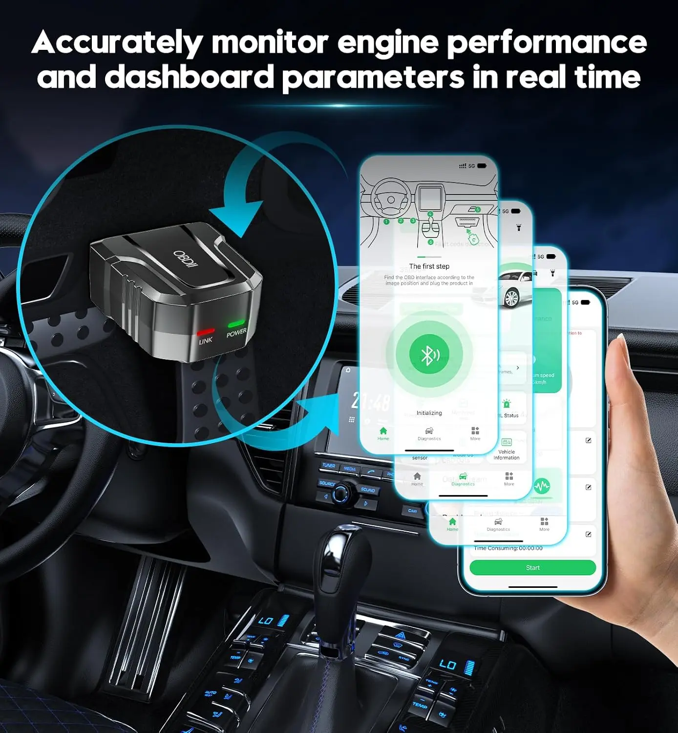 Bluetooth OBD2 Scanner for iOS & Android, Car Diagnostic Tool, Code Reader for Check Engine Codes, Live Data, Error Clearing & Performance Testing