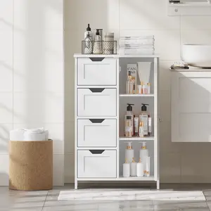 Bathroom Storage Cabinet with 4 Drawers and 1 Door, Freestanding Wooden Floor Organizer for Bathroom, Narrow Storage Cabinet for Small Spaces, Entryway, Living Room or Hallway, White