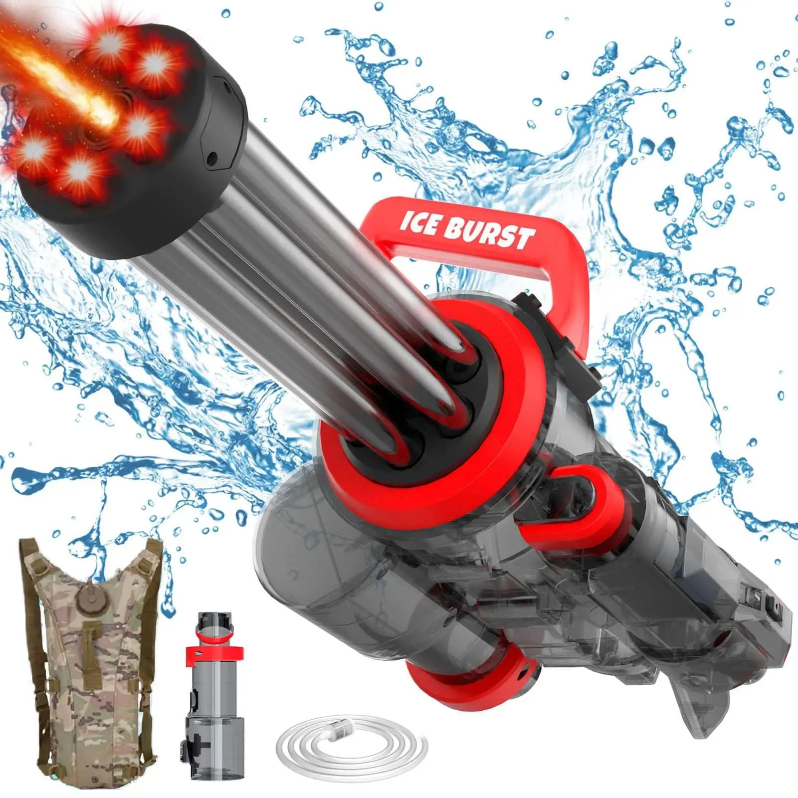water  shooter,Gatling Electric Water Gun with Rotating Barrel and LED Light, Water Storage Backpack and Clamping Water Tank, 28-32ft Shooting Range, Toy Water Gun for Outdoor Pool Adult and Kids 8+ Ages