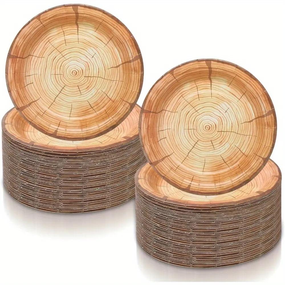 120 Pcs Wood Grain Paper Plates 7 Inch Farmhouse Round Disposable Plates Rustic Wood Slice Dish for Lumberjack Birthday, Christmas Dinner Supplies for Baby Shower, Woodland Party