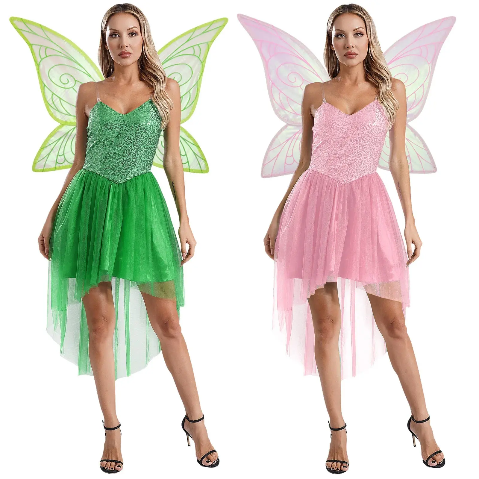 Women's Tinkerbell-Inspired Fairy Princess Costume Set - Lightweight Soft Comfortable Breathable Nylon Sequin Dress with Skirt, Matching Butterfly Wing Accessories, Adjustable Straps for Carnival, Halloween