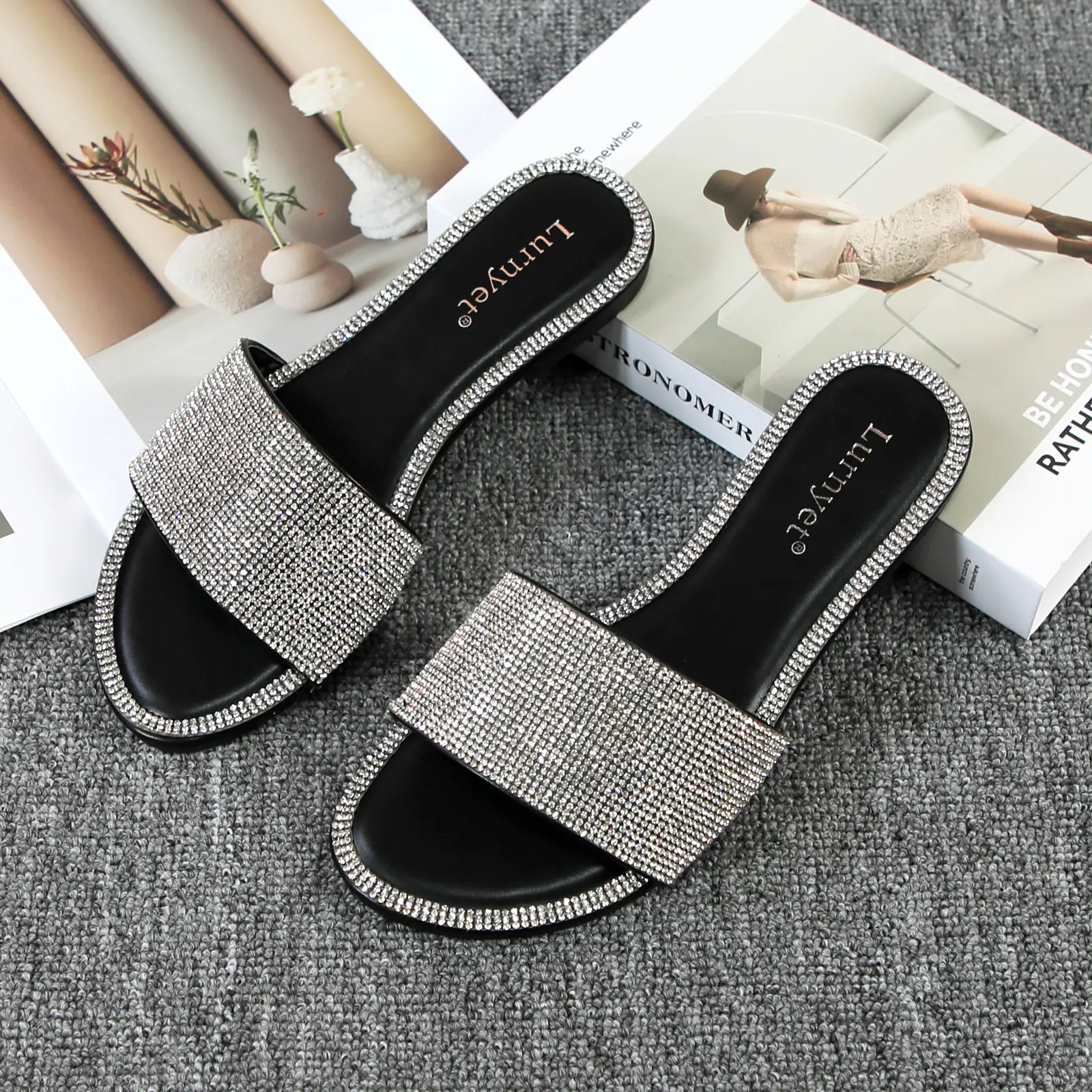 Women Sparkly Rhinestone Wide Strap Slide Sandals, Open Toe Flat Slip On Summer Outdoor Slippers For Daily Party Wear trendy knee-high boot winter plush formal footwear casual