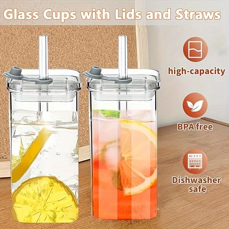 DWTS DANWEITESI 13oz Glass Cups with Plastic Lids & Glass Straws 4Pack Portable Square Eco-Friendly Drinkware Tumblers for Beer Tea Cocktail Whiskey Juice Stylish Drinking Glassware