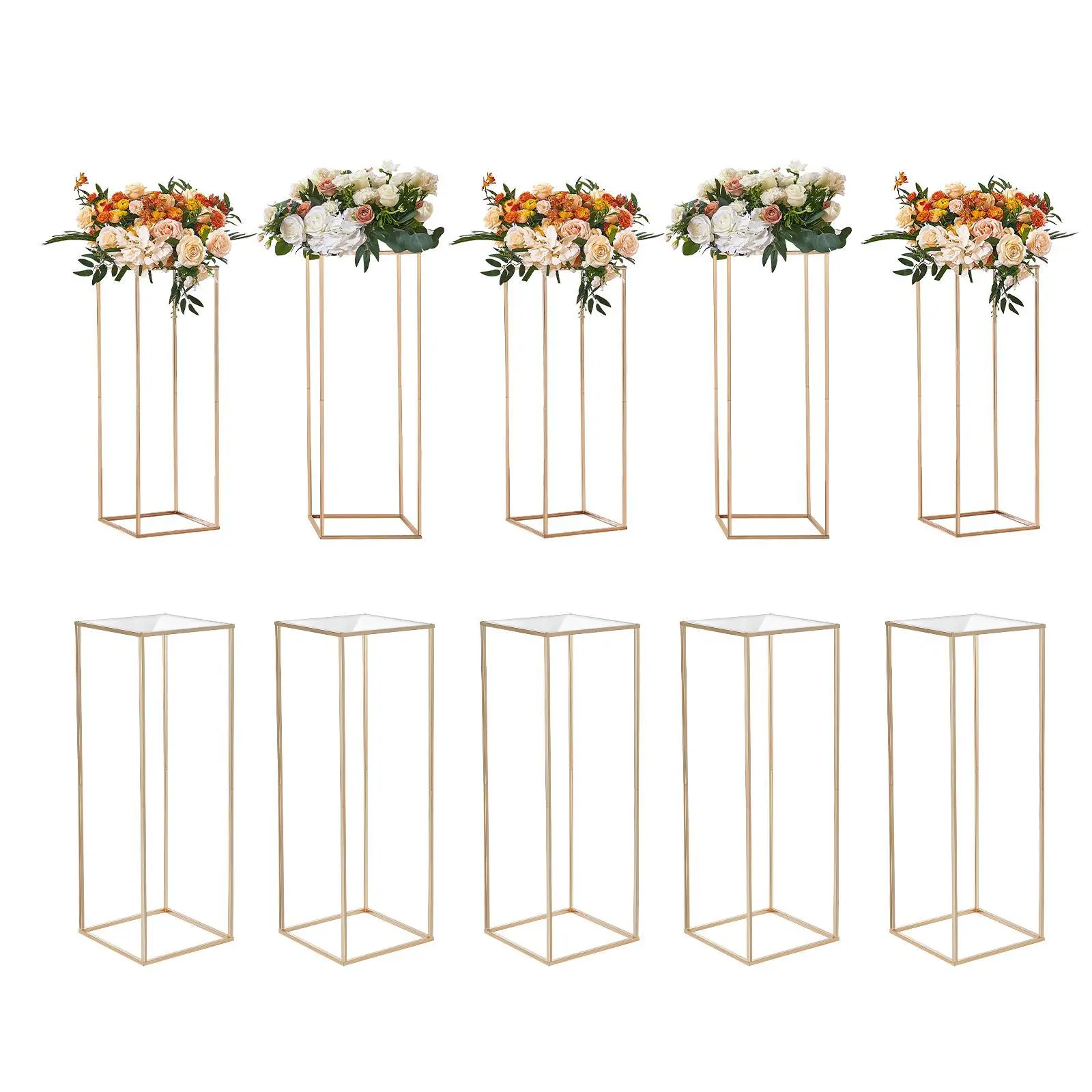 VEVOR 10PCS Gold Wedding Table Centerpieces - 11.02x11.02x31.50in High, Acrylic Laminate Metal Rectangle Vase Columns, Toolfree Setup Geometric Stands for Wedding Events Reception, Home Supplies#BackToSchool