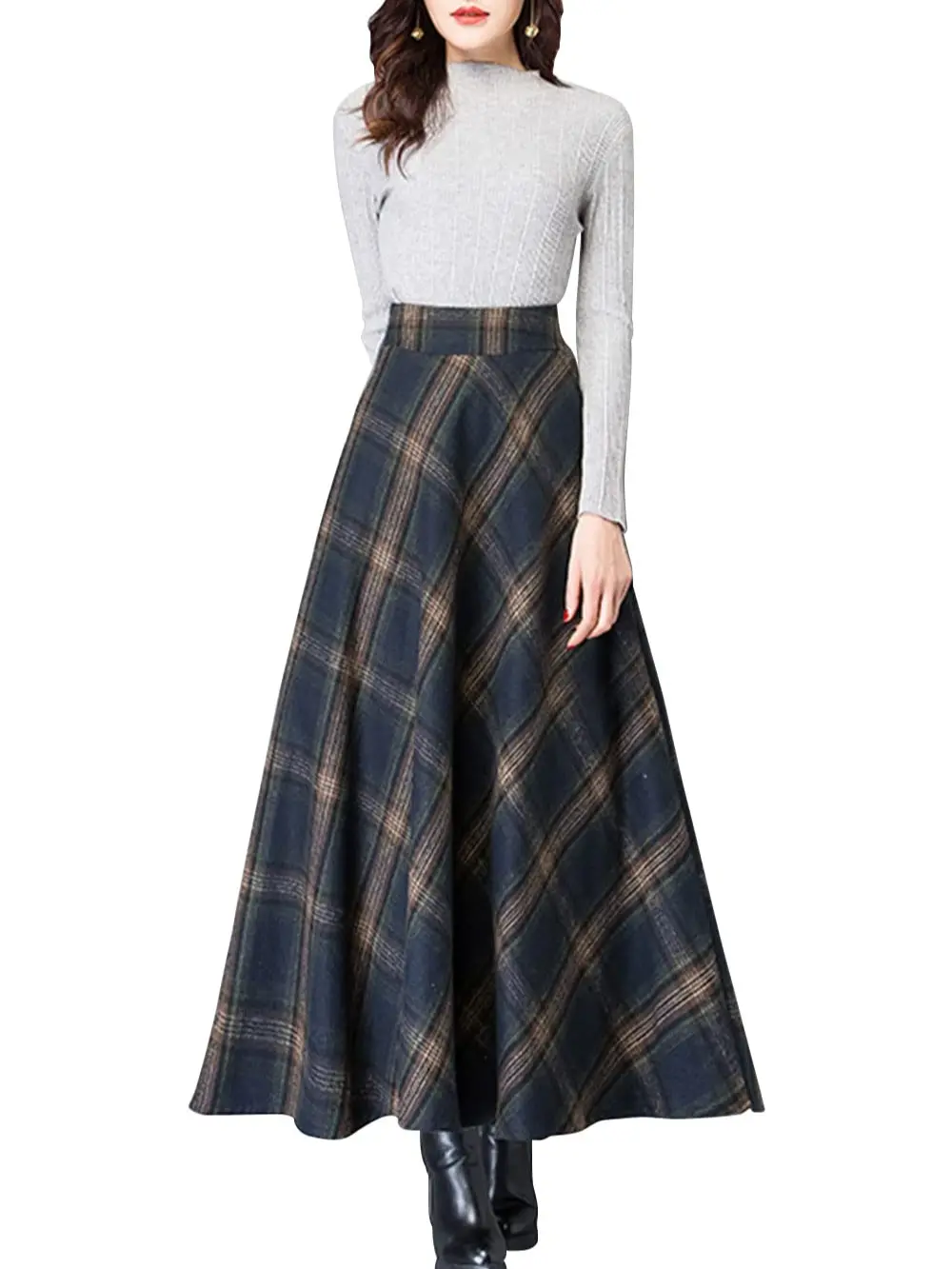 Ebossy Women's Vintage High Waist Wool Blend Plaid A-Line Long Maxi Skirt with Pocket Bottoms Womenswear,clothes for back to school,first day of school outfits