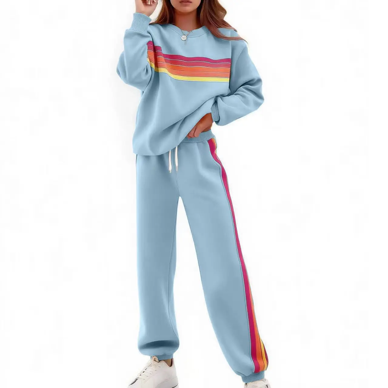 Women's 2-Piece Retro Rainbow Stripe Boxy Lounge Set - Crew Neck Sweatshirt & Track Pants, Casual Fitness Activewear, Fitted Daily Wear, 2 Piece Sets, Women's 2 Piece Set