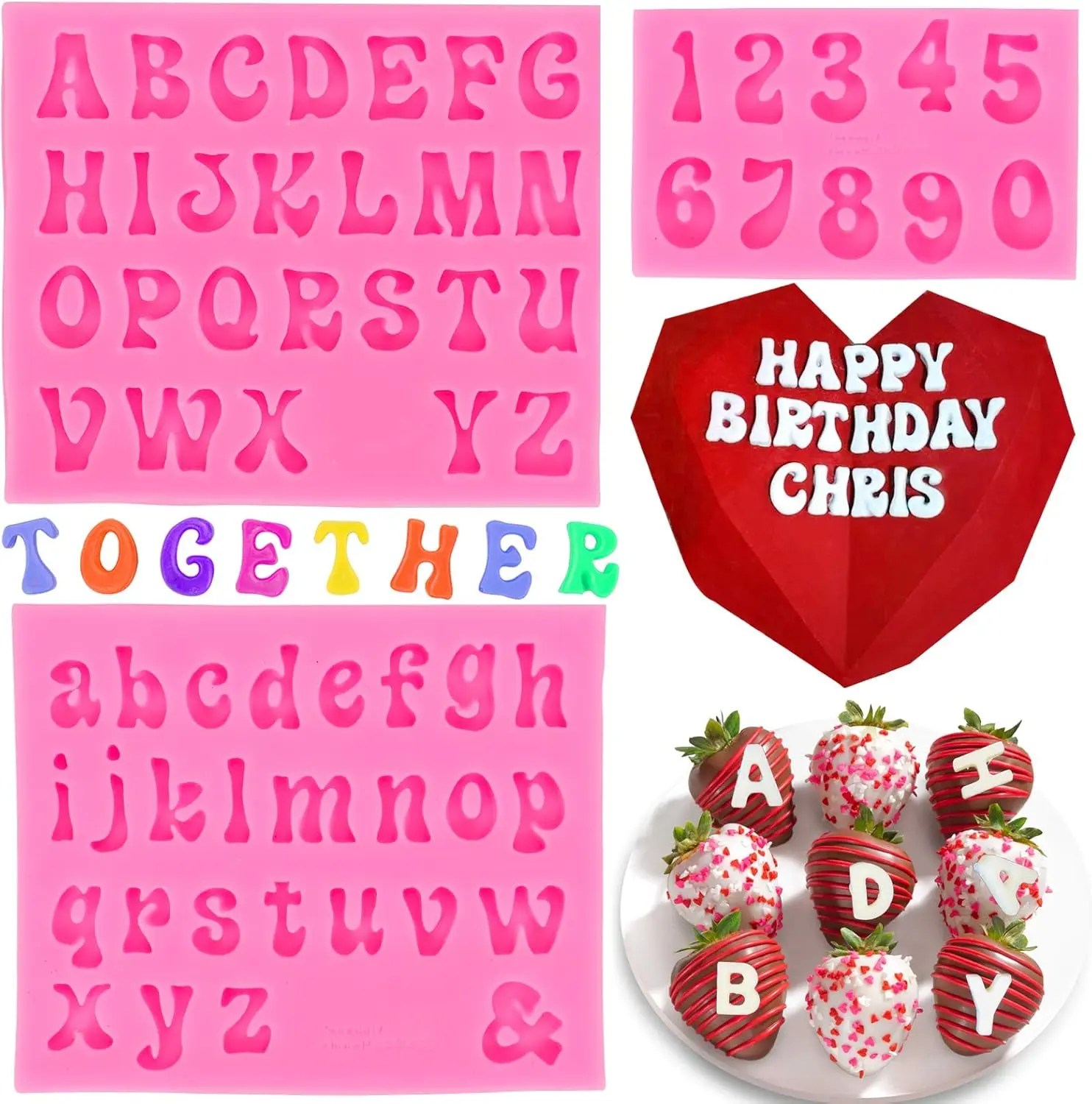 3PCS Flexible Silicone Letter & Number Molds Set - Lowercase, Uppercase - Kitchen Bakeware for Chocolate Covered Strawberries, Cake Decorating, Resin - Valentine, Birthday Use