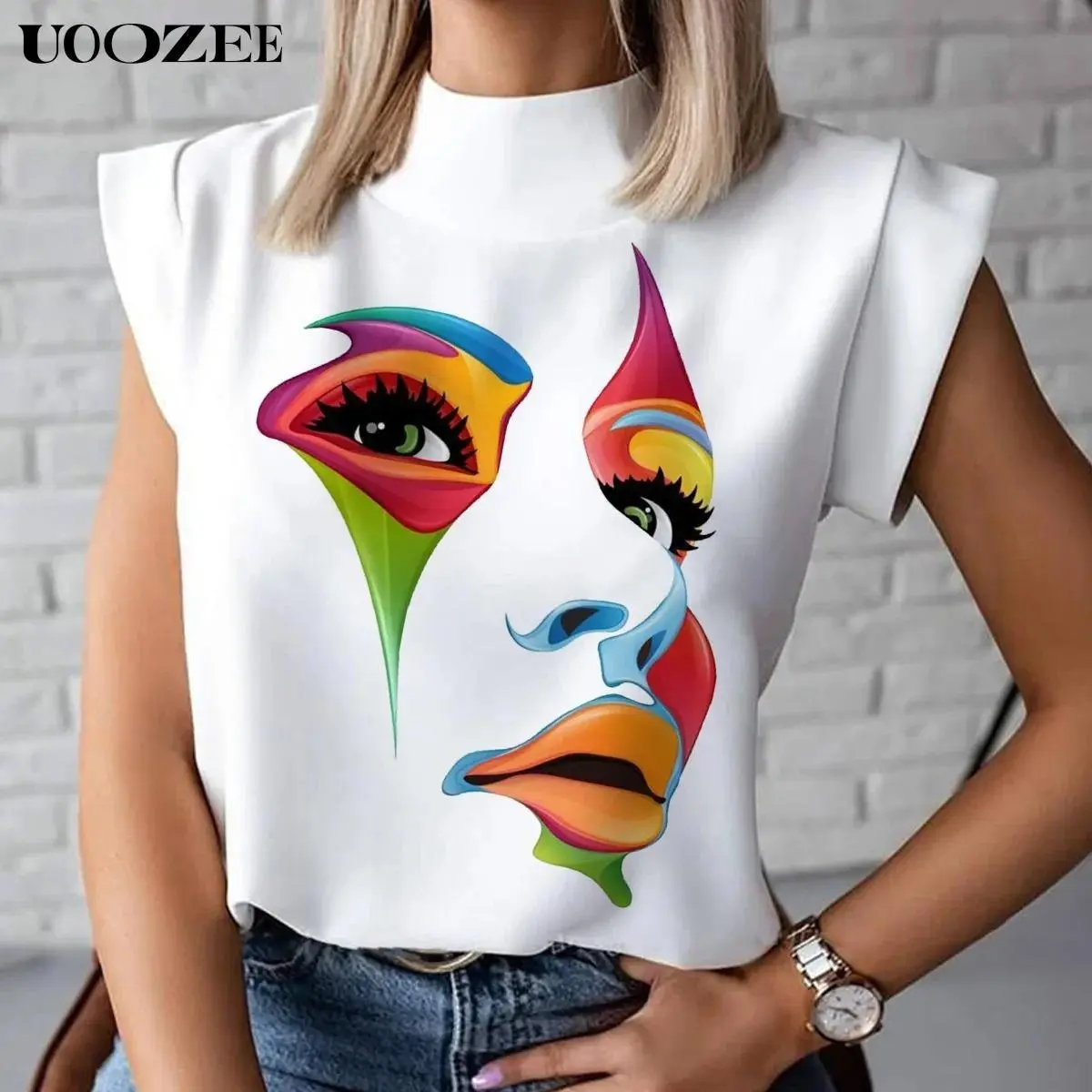 UOOZEE Women's Mock Neck Short-Sleeve Graphic Tee - Cap Sleeve Option, Loose Breathable Soft Comfortable Polyester Fabric, 3D Face Print, Embellished Neckline, Trendy Casual Streetwear Women's Tops (Pairs with Jeans, Multi-Color)