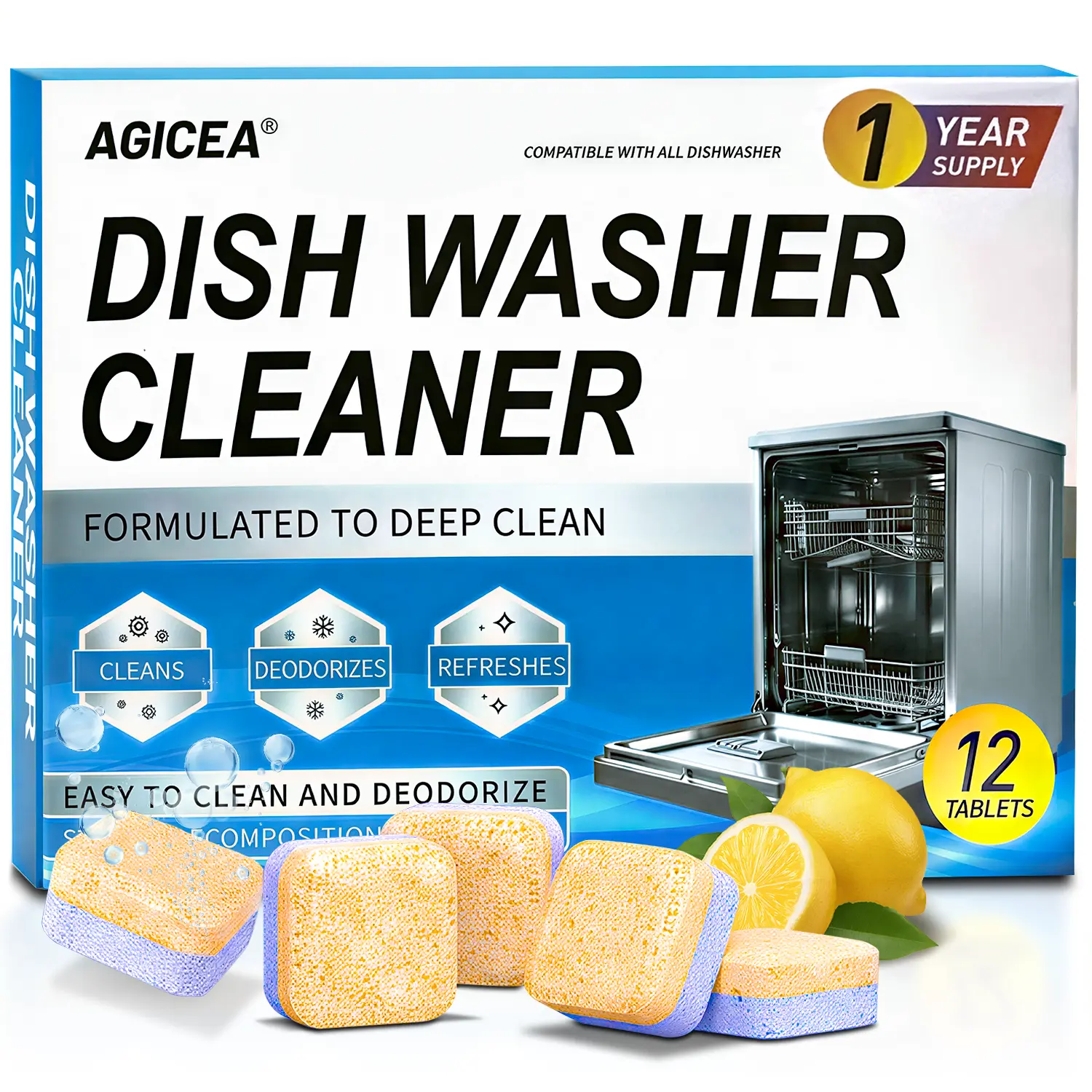 AGICEA Household Dishwasher Cleaner Descaler Tablets - Powerful Cleaning, Odour Control, Grease Removal, Hard Water Buildup Elimination (12-Count Value Pack, Dishwasher Detergent Tablets), Powerful Cleaning Tablets